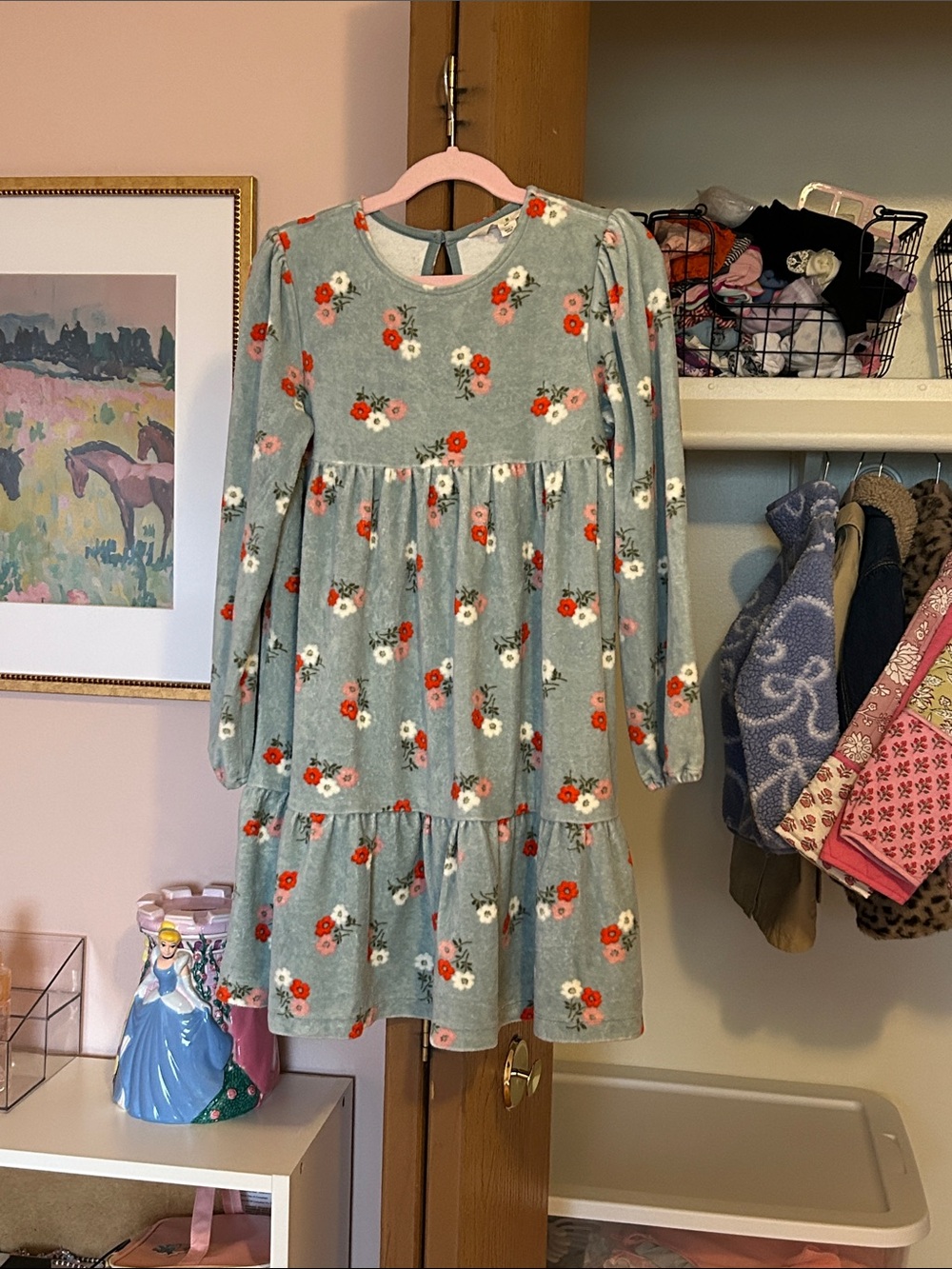 Girls' Floral Long-Sleeve Tiered Dress - Gray with Red & White Flowers